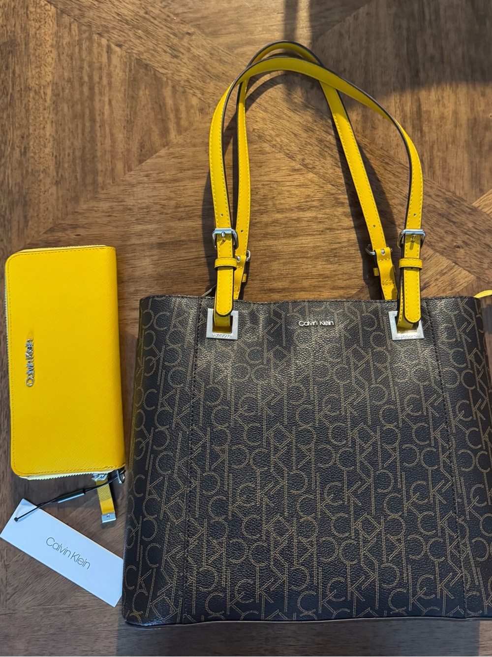 Calvin Klein Brown Monogram Tote with Yellow Straps